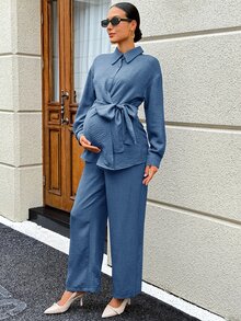 SHEIN Maternity Solid Color Single-Breasted Waist Tie Decor Long Sleeve Blouse And Casual Loose Pants 2 Pieces Set - Blue - View 7