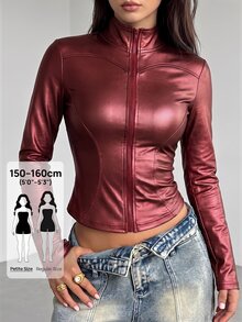 SHEIN PETITE 女款純色PU皮革長袖前拉鍊輕便夾克 - 酒紅色 - 查看 1