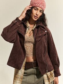 SoleilVie New Vintage Diagonal Zipper Lapel Suede Motorcycle Jacket, Waist-Cinching Design, Fashionable Mature Woman Style - Brown - View 1