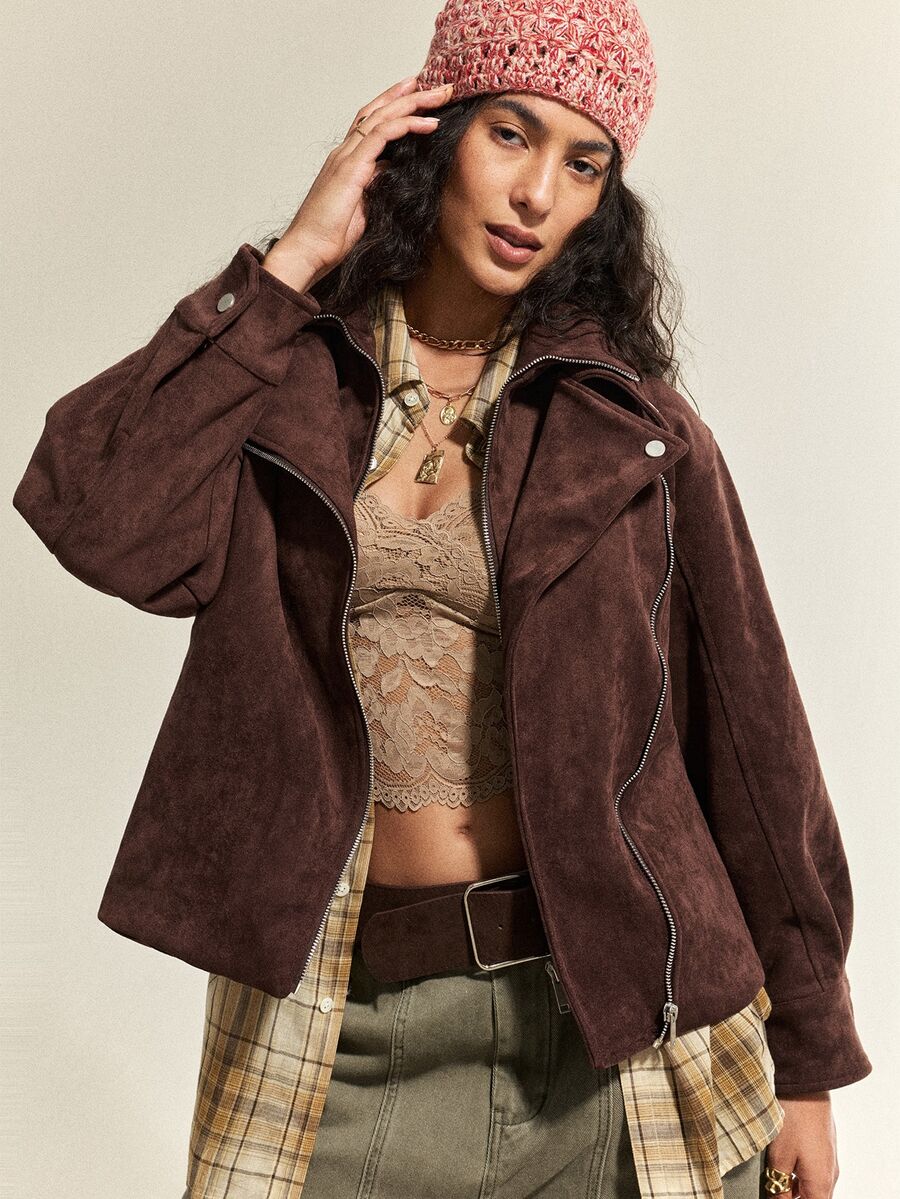 SoleilVie New Vintage Diagonal Zipper Lapel Suede Motorcycle Jacket, Waist-Cinching Design, Fashionable Mature Woman Style - Brown - View 1