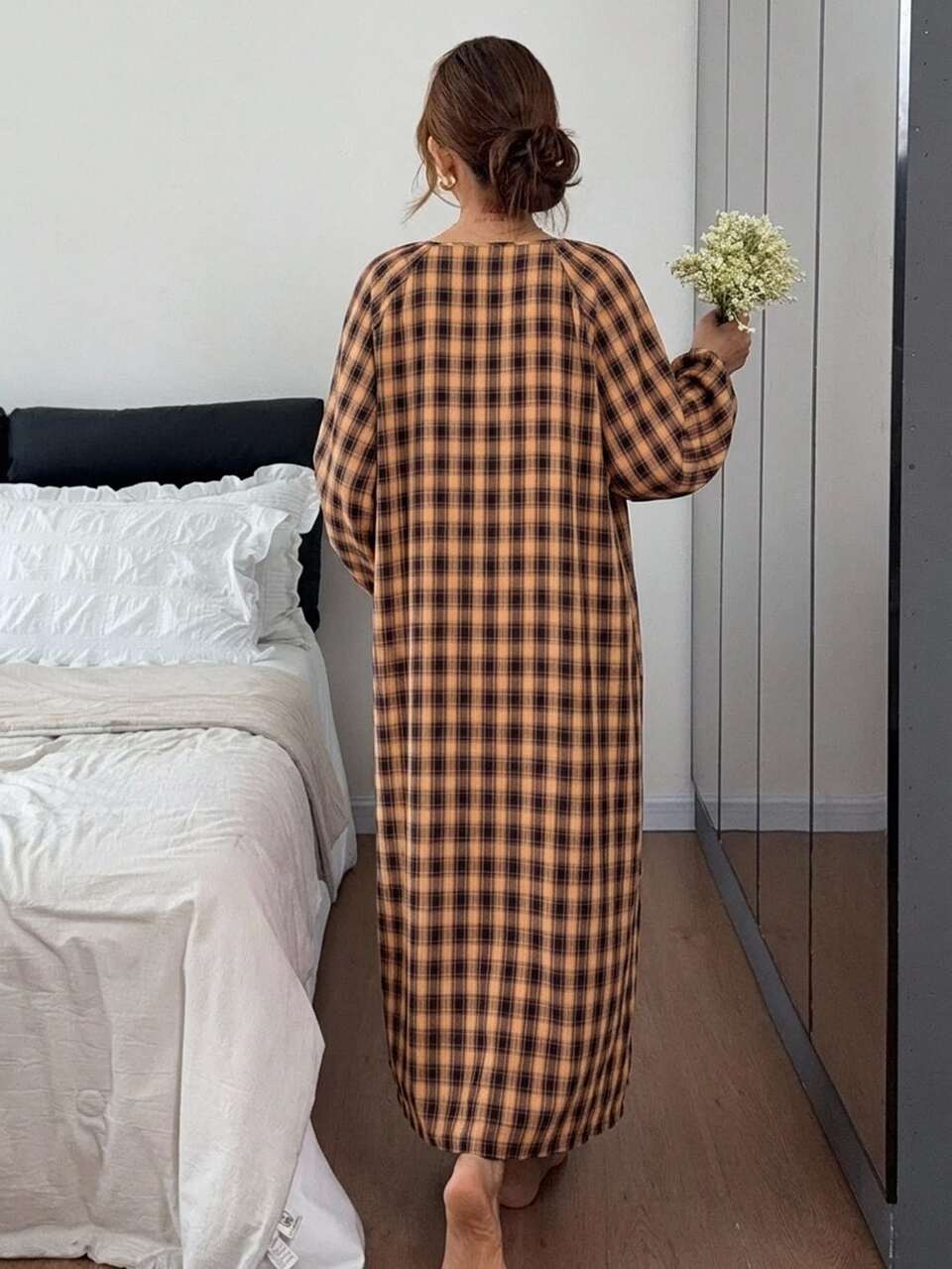 Plaid Long Loose Dress Nightgown Women's Loungewear Dress