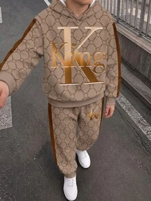 青少年男孩休閒極簡長袖連帽舒適衛衣2件套，適合秋冬，經典帥氣熊圖案印花，經典King文字圖案印花 - 彩色 - 查看 7