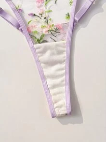 PetitDoll Pastoral Style Colorful Floral Embroidered Women's Romantic Lingerie Set, Embroidered Underwire Bra And Thong 2 Pieces Set - Mauve Purple - View 6