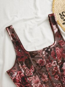 SHEIN VCAY 大尺碼性感花卉印花魚骨背心上衣 - 棕色 - 查看 3