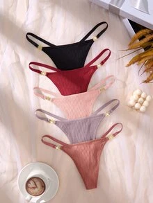 SHEIN 女款簡約多色丁字褲 5件組，適合夏季 - 彩色 - 查看 2
