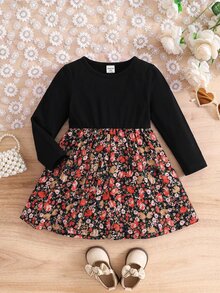 SHEIN Gaun Lengan Panjang Motif Bunga Kecil Warna-warni yang Lucu untuk Bayi Perempuan - Hitam - View 7