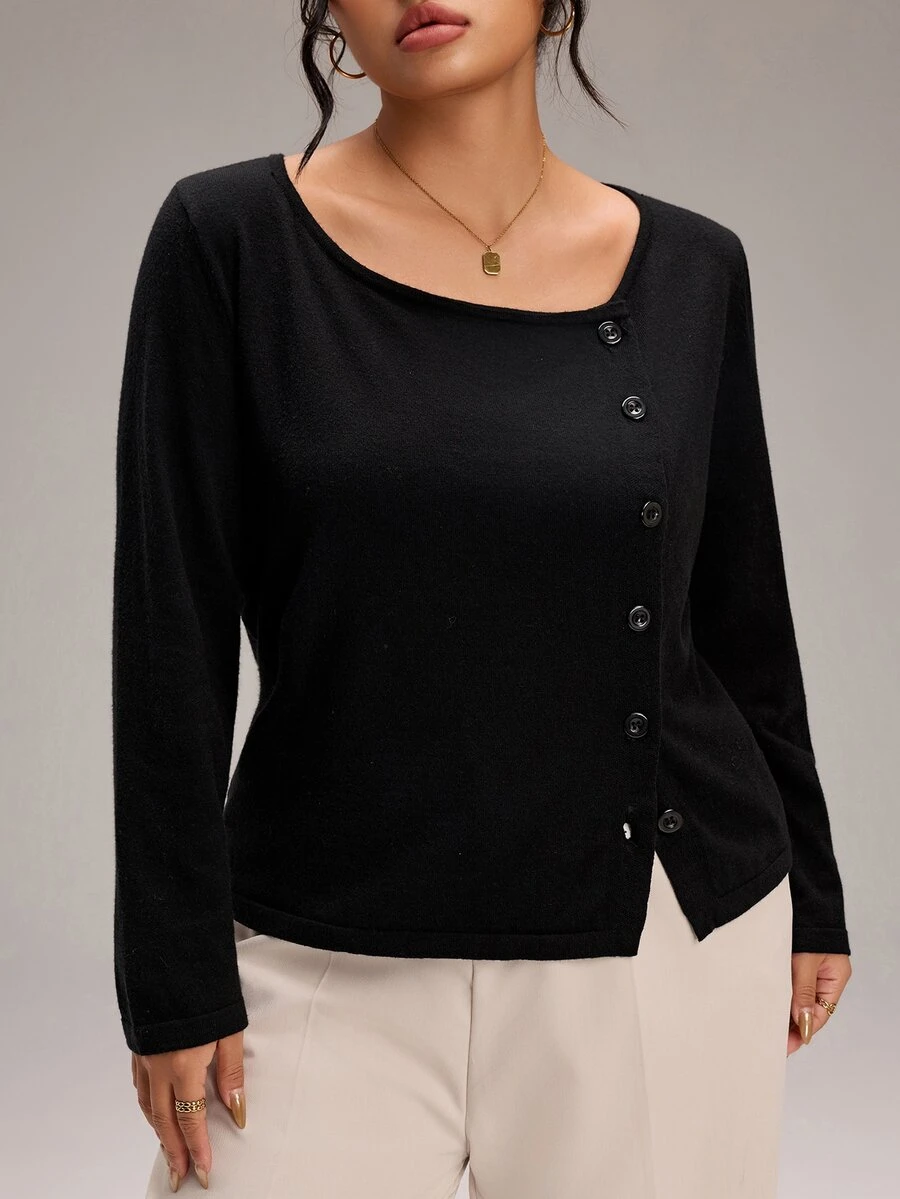 SHEIN BASICS كنزة صوفية نسائية مقاس كبير بلون موحد كاجوال للاستخدام اليومي بأكمام طويلة - الأسود - مشاهدة 1