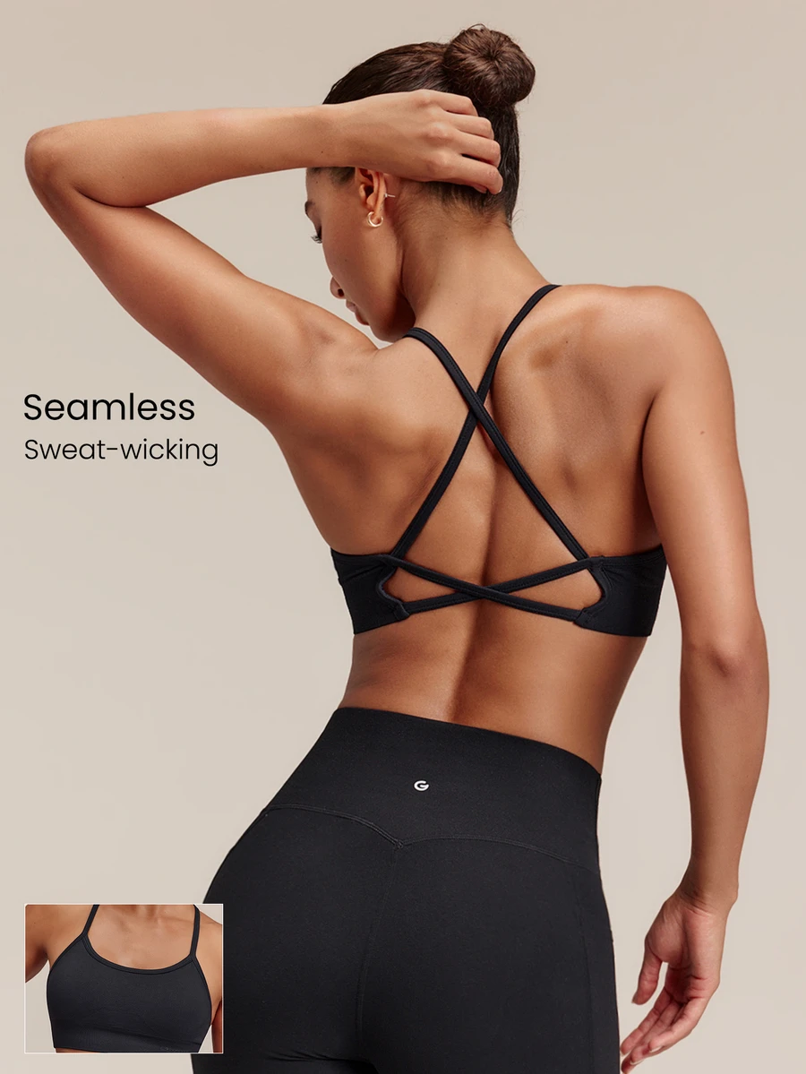 GLOWMODE Seamless Cross The Line Sports Bra With Double Cross-Back Design & Removable Cups Low Impact Yoga Pilates Studio Active Wear - Black - View 1