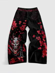 ROMWE MEN Men's Embroidered Pattern Loose Fit Jeans - Black - View 1