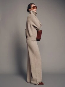 MOTF PREMIUM Knitted Half-Zip Collared Top And Wide Leg Pants 2 Pieces Set - Camel - View 5