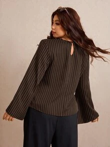 Elaquor Plus Size Fashion Commuter Striped Waist-Cinching Blouse Fall - Brown - View 2