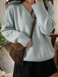 DAZY 女款V領長袖純色套頭毛衣 - 淺藍色 - 查看 3