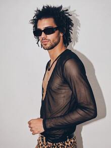 DSELFIQUE Men's Solid Color Mesh Deep V-Neck Long Sleeve Sexy T-Shirt - Black - View 3