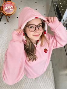 SHEIN (Tween Girl) 休閒街頭風豹紋毛絨帽，五角星豹紋印花，適合街頭穿搭，黑女孩運動衫 - 粉色 - 查看 3