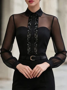 SHEIN Women's Collared Mesh Sheer Blouse, Sequin Placket Button-Down Long Sleeve Slim Fit Elegant Black Shirt - Black - View 5