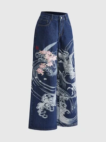 ROMWE Grunge Punk 女款新中式風格鶴與花卉印花超寬鬆牛仔褲 - 深色水洗藍 - 查看 5