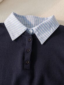 SHEIN 8-12歲女童海軍藍假兩件式針織毛衣，搭配藍白條紋襯衫領，落肩半開鈕扣前襟短版套頭上衣，學院風休閒上衣，適合春秋穿著 - 藏蓝色 - 查看 5