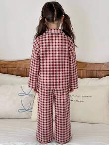 Dazy Kids 女童秋季小格紋刺繡長袖居家休閒套裝 - 藍白色 - 查看 2