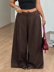 Coolane 女款大尺碼秋冬正式優雅通勤晚宴日常休閒寬鬆蕾絲百褶鬆緊腰棕色香蕉褲 - 棕色 - 查看 4