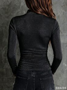 LUMIGAL 26 New Early Autumn Versatile Design V-Neck Ruched Slim Fit Long Sleeve Base Layer T-Shirt For Women - Black - View 2