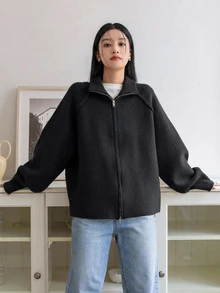 DAZY 秋冬黑色針織開襟衫 寬鬆休閒女款辦公通勤毛衣 - 黑色 - 查看 7