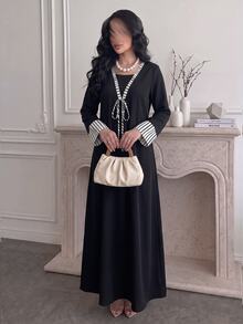 Al Najma Spring/Autumn Casual 2 Pieces Striped Patchwork Tie-Waist Long Sleeve Loose Slimming Elegant Women's Long Robe Dress For Daily Wear - Black - View 5