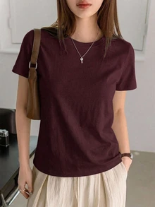 DAZY Women's Solid Color Round Neck Casual Versatile Short Sleeve T-Shirt - Burgundy - View 3
