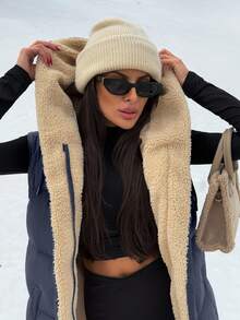 SHEIN Clasi Two-Tone Reversible Padded Zipper Front Pockets Drawstring Hood Vest Jacket - Navy Blue - View 5