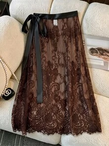 GlowEve CURVE 春夏秋多層蕾絲性感開衩優雅大尺碼裙 - 棕色 - 查看 2