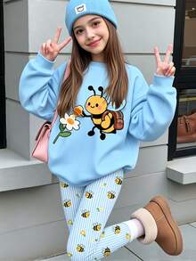 Tween女孩可愛蜜蜂圖案花卉田園風藍色圓領長袖衛衣與內搭褲2件套，適合秋冬，舒適保暖，女孩套裝，Y2K復古開學穿搭，Kawaii - 白色 - 查看 1