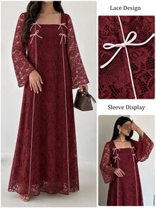 Al Najma Women Spring Fall Elegant Wine Red Lace Square Neck Flare Sleeve Pink Bow Decor Loose Dress Modest Outfit For Banquet And Visiting - Burgundy - View 9