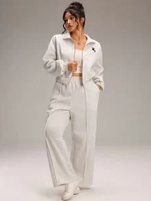 EMERY ROSE Plus Size Women's Equestrian Print Zip-Up Hoodie And Pants Casual 2 Pieces Set - Grey - View 2