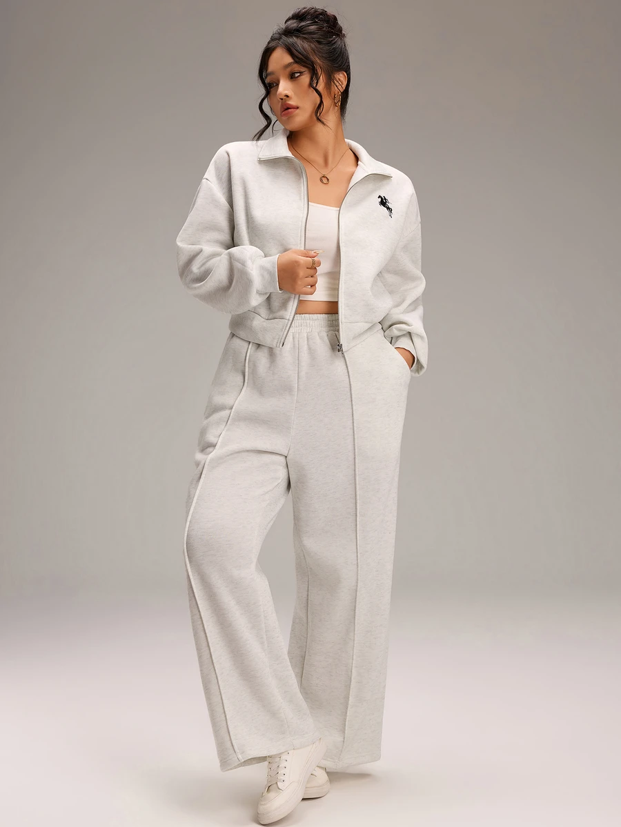 EMERY ROSE Plus Size Women's Equestrian Print Zip-Up Hoodie And Pants Casual 2 Pieces Set - Grey - View 1
