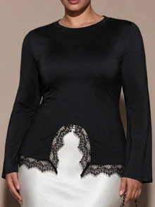 SHEIN BAE CURVE 大尺碼女款蕾絲拼接休閒日常長袖上衣 - 黑色 - 查看 4