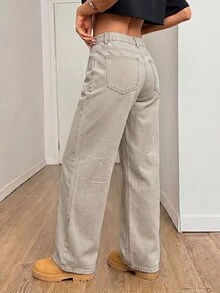 SHEIN PETITE Women's Minimalist Solid Color Zipper Fly Straight Leg Jeans Suitable For Daily Wear - Khaki - View 2