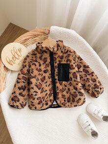 SHEIN 女嬰可愛豹紋粉色保暖冬季夾克，白色休閒秋季內裡柔軟布料附口袋，適合室內、戶外、約會與派對等多用途 - 卡其色 - 查看 5
