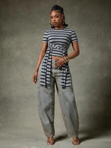 Denimoi Tie Front Stripe Top Fashion Tops Fashion Tshirt Everyday Wear Fashionable Streetwear - Dark Grey - View 2