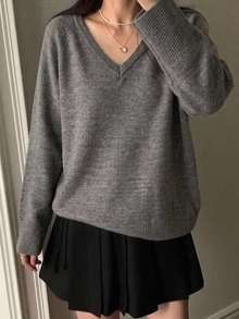 DAZY 女款V領長袖寬鬆休閒毛衣 - 灰色 - 查看 5