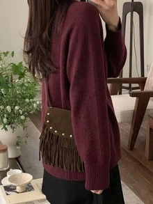 DAZY 女款純色長袖休閒寬鬆V領套頭毛衣 - 酒紅色 - 查看 2