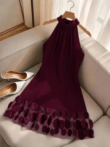 GlowEve CURVE Plus Size Elegant Patchwork 3D Mesh Dress - Burgundy - View 3