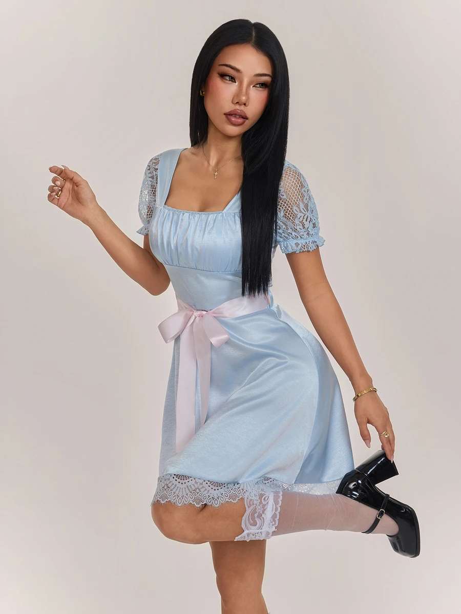 SHEIN PETITE Women's Pleated Square Neck Contrast Lace Short Sleeve Elegant Dress - Baby Blue - View 1