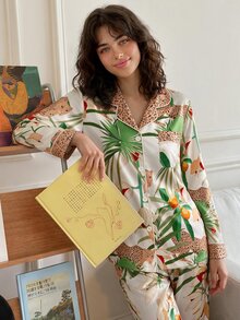 Chillnights Set Piyama Wanita Motif Leopard & Botanis untuk Liburan, Lengan Panjang, dan Celana Panjang dengan Kerah. - MultiWarna - View 1
