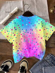 Tween Girl Casual Minimalist Cute Fun Squeeze Bun Pattern, Glitter, Rhinestone Bun, Tie-Dye, Round Neck Short Sleeve T-Shirt, Suitable For Summer, Kawaii, Graphic, Tops, Cute Tops, Easy Comfort - 彩色 - 查看 3
