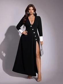 Viva Relle Plus Size Women Deep V-Neck Long Sleeve Side Slit Hem Sexy Black & White Contrast Elegant Dress Fall - Black - View 5
