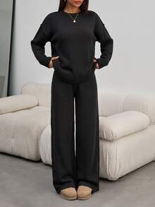 SHEIN Tall Women Round Neck Rib Knitted Sweater And Sweater Pant 2pcs Sets Co-Ord - Black - View 5