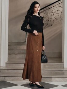 Anewsta Rok Wanita Model Ekor Ikan dengan Hiasan Kancing Warna Cokelat Kopi Modern - Coffee Brown - View 4