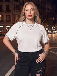 Maija Plus Size Rivet Decorated Sexy Crew Neck Short Sleeve T-Shirt For Daily Wear - White - View 1