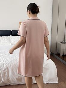 Napfluff CURVE Napfluff CURVE Heart Print Collared Short Sleeve Plus Size Nightgown - Pink - View 2