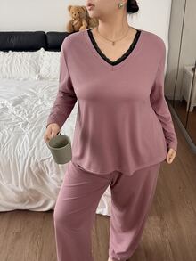 Napfluff CURVE Napfluff CURVE Contrast Color Lace Trim V-Neck Loose Long Sleeve Pants Pajama Set Plus Size - Multicolor - View 5
