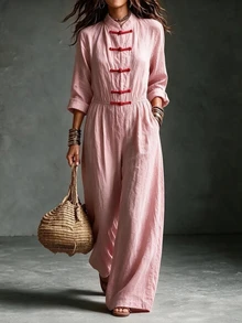 Breezaya Women's Fashion Frog Button Placket Pocket Wide Leg Casual Jumpsuit - Pink - View 1